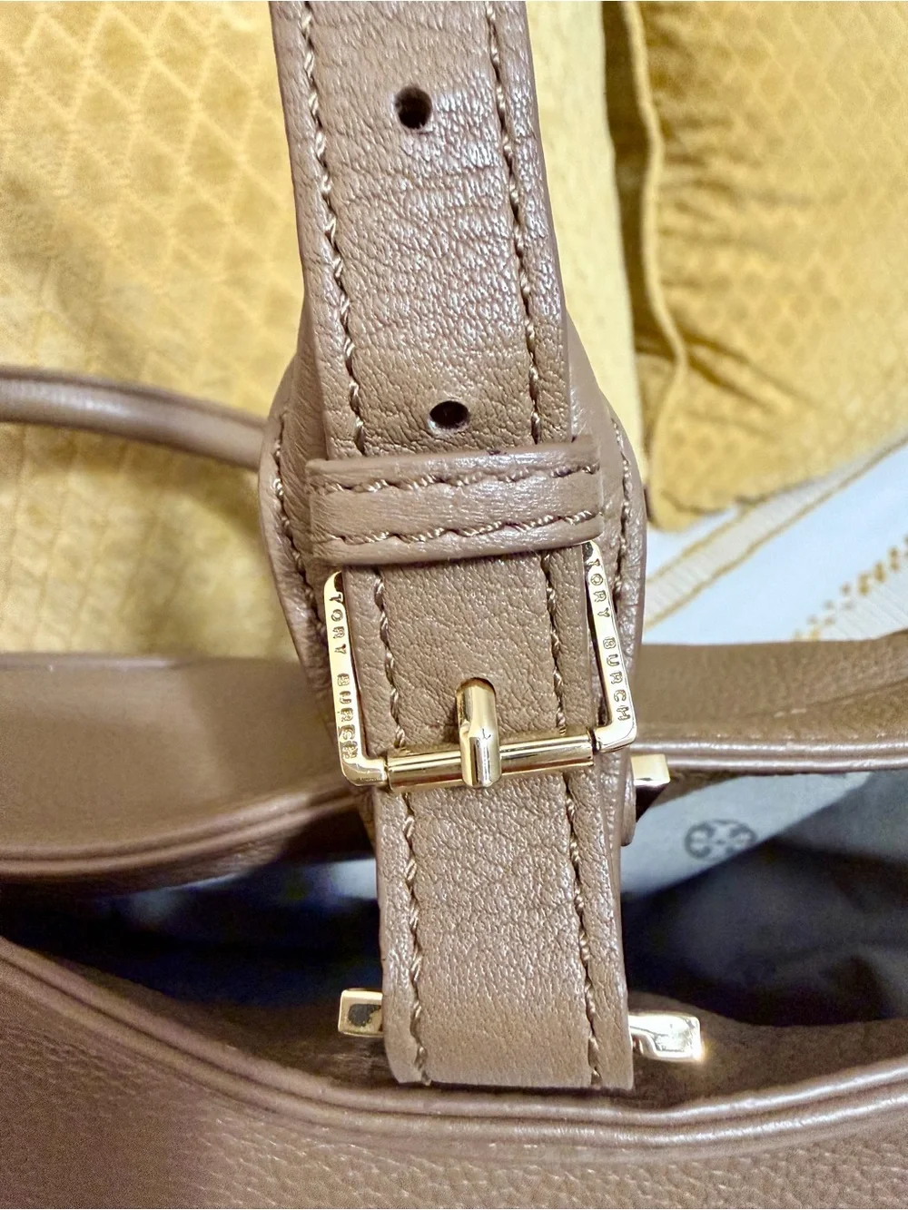 Beautiful Tory Burch Tan Perforated Logo Leather Tote